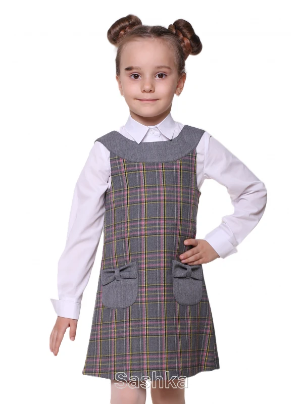 Сарафан для дівчинки Sashka шкільний сіро-рожева клітинка (напіввовна), розмір 116-146